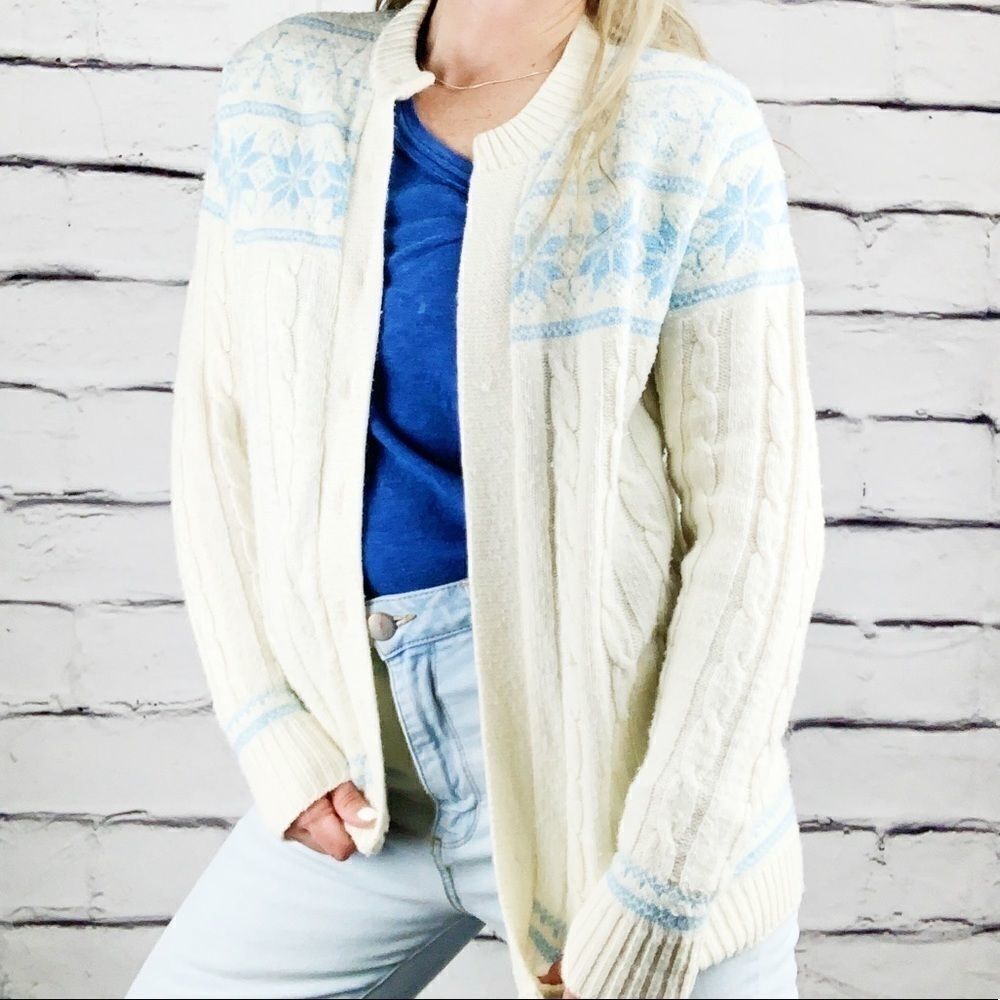 Vintage Wintuk Coastal Cable Knit Cardigan Cream Blue USA Made M - Picture 2 of 9